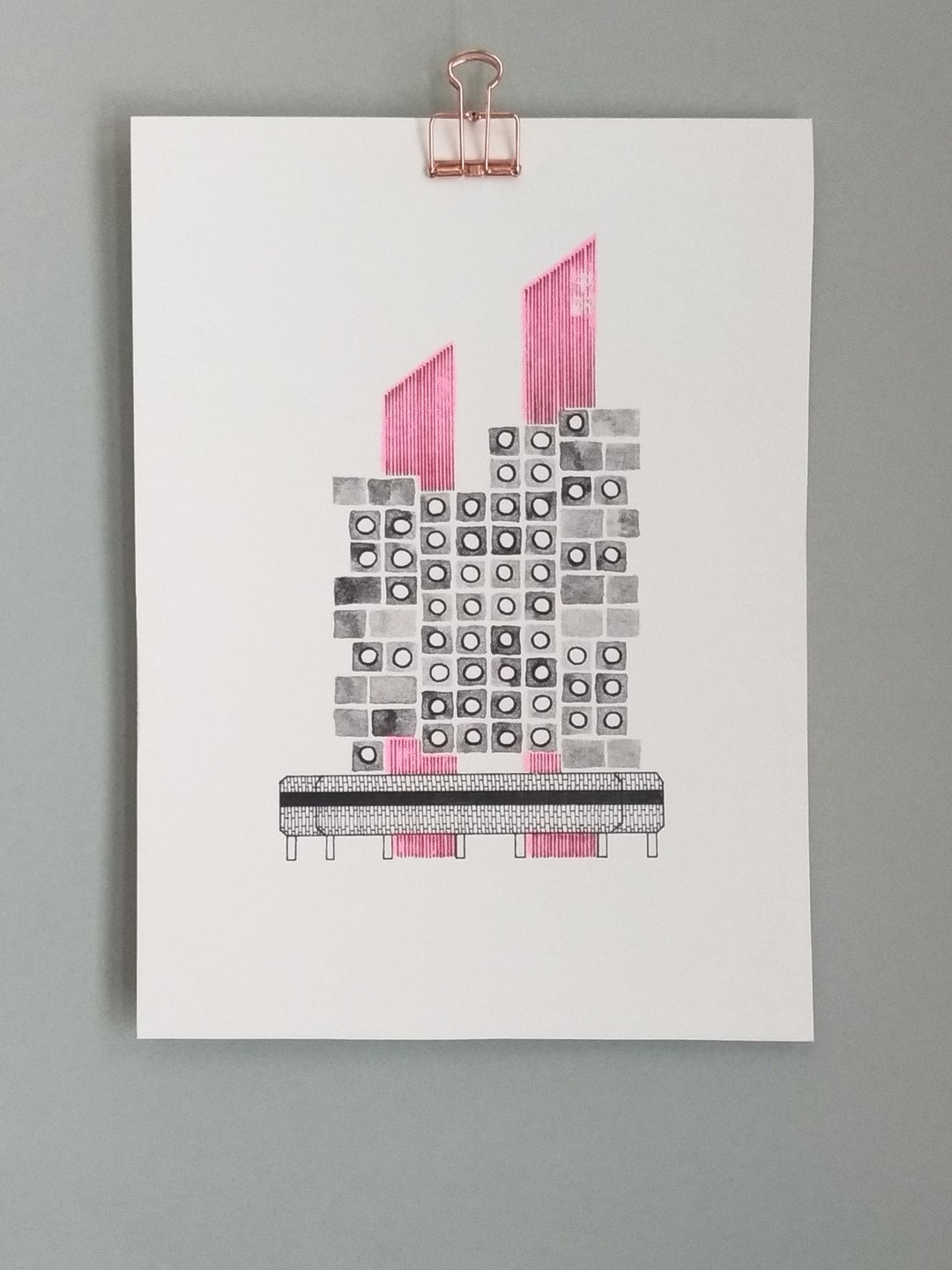 东京中银胶囊塔 孔版印刷插画   A5 - 海报/装饰画/版画 - 纸 灰色