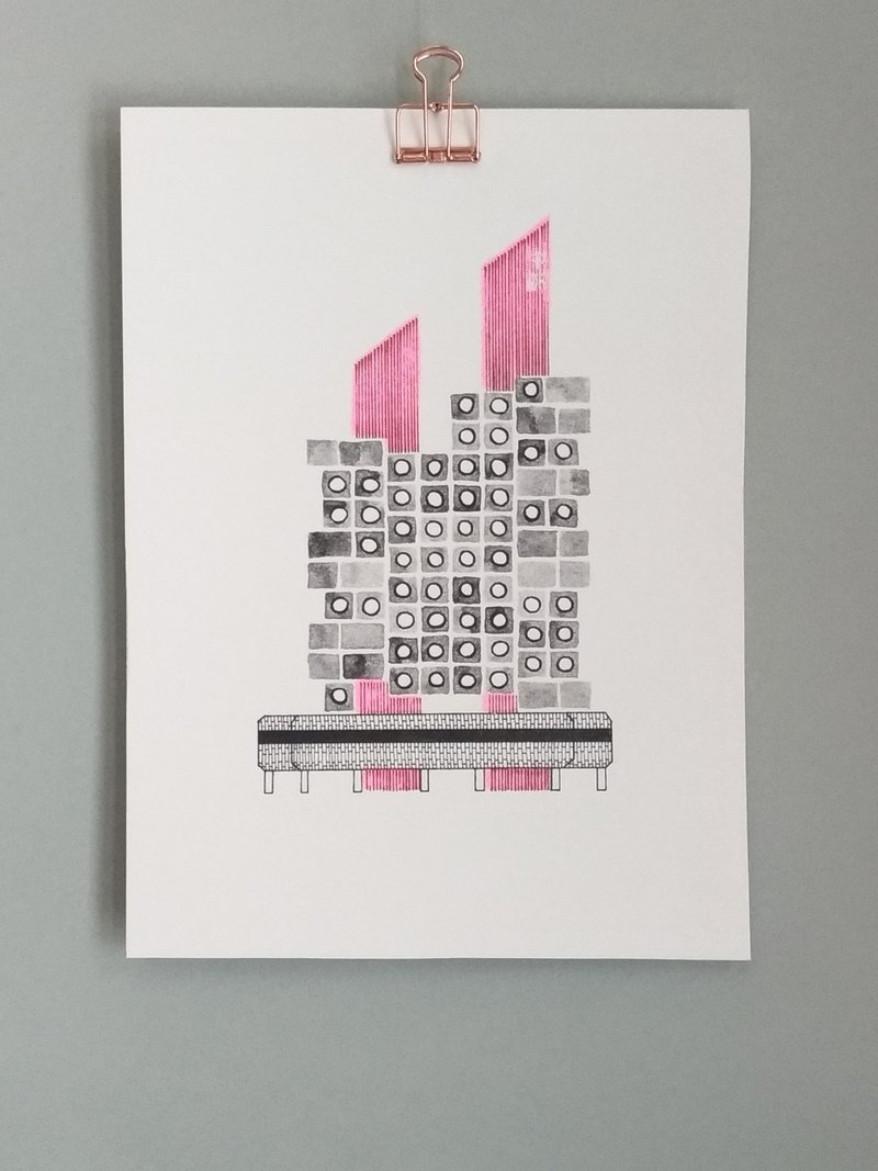 东京中银胶囊塔 孔版印刷插画   A5 - 海报/装饰画/版画 - 纸 灰色