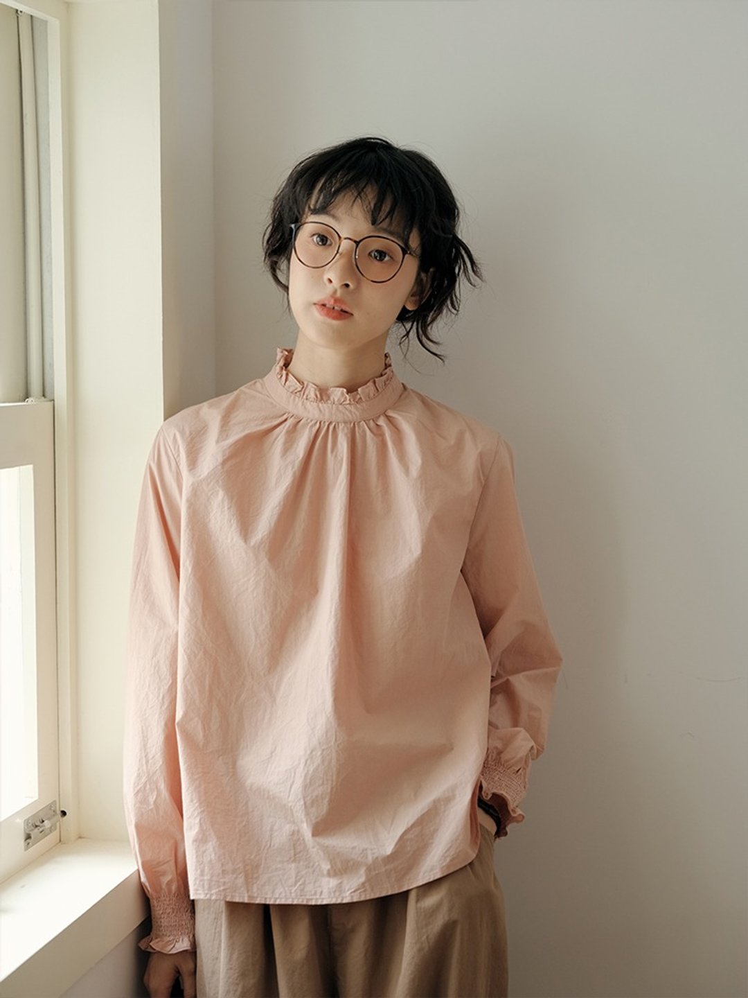 木耳领 匹马棉衬衫 日系穿搭长袖打缆设计 秋 - 女装上衣 - 棉 多色