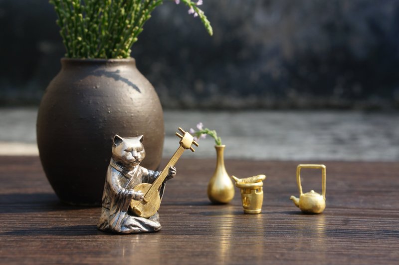 手工纯银奏乐猫茶宠工艺品摆件 - 摆饰 - 贵金属 银色