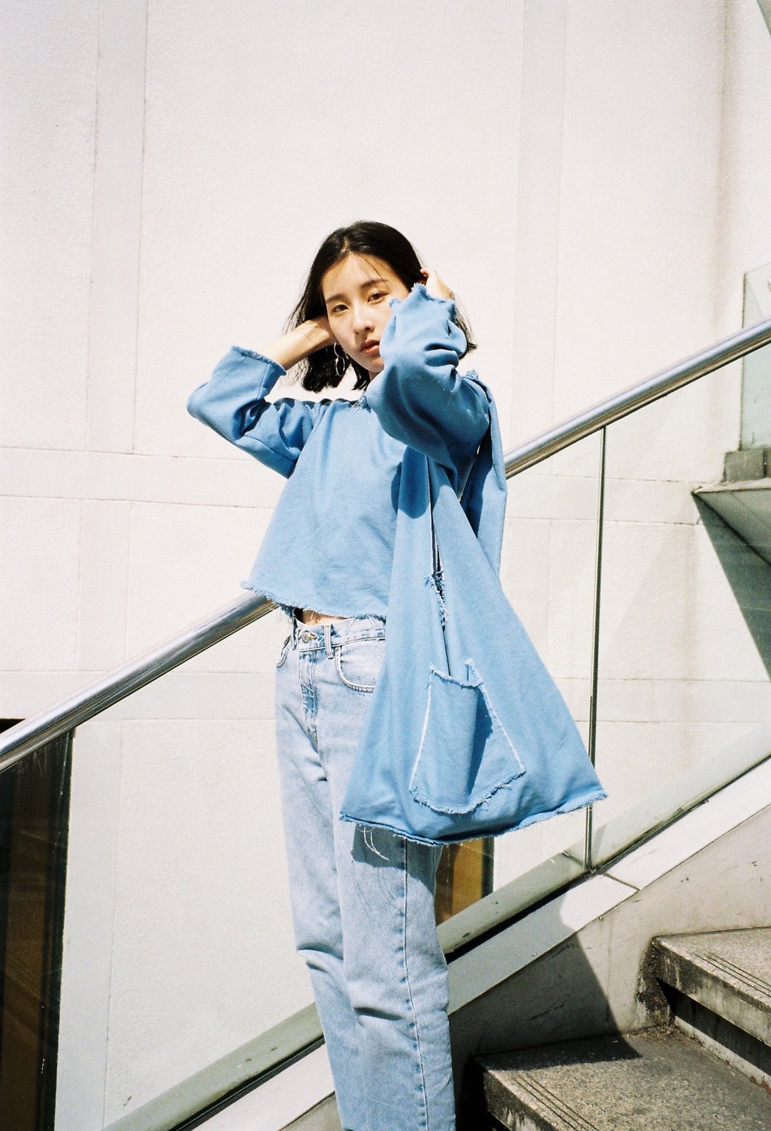 denim shopping bag - 侧背包/斜挎包 - 棉 蓝色
