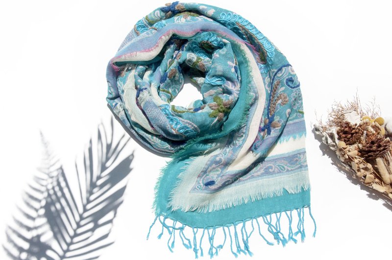 喀什米尔Cashmere/水煮羊毛披肩/针织围巾/刺绣围巾/羊绒披巾-花 - 围巾/披肩 - 羊毛 蓝色