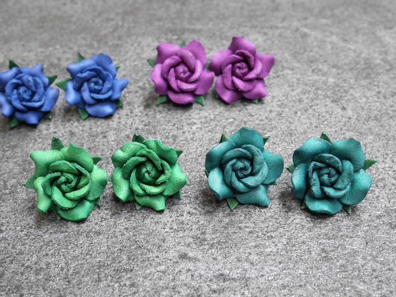 革玫瑰耳环-绿色系 - 耳环/耳夹 - 真皮 绿色