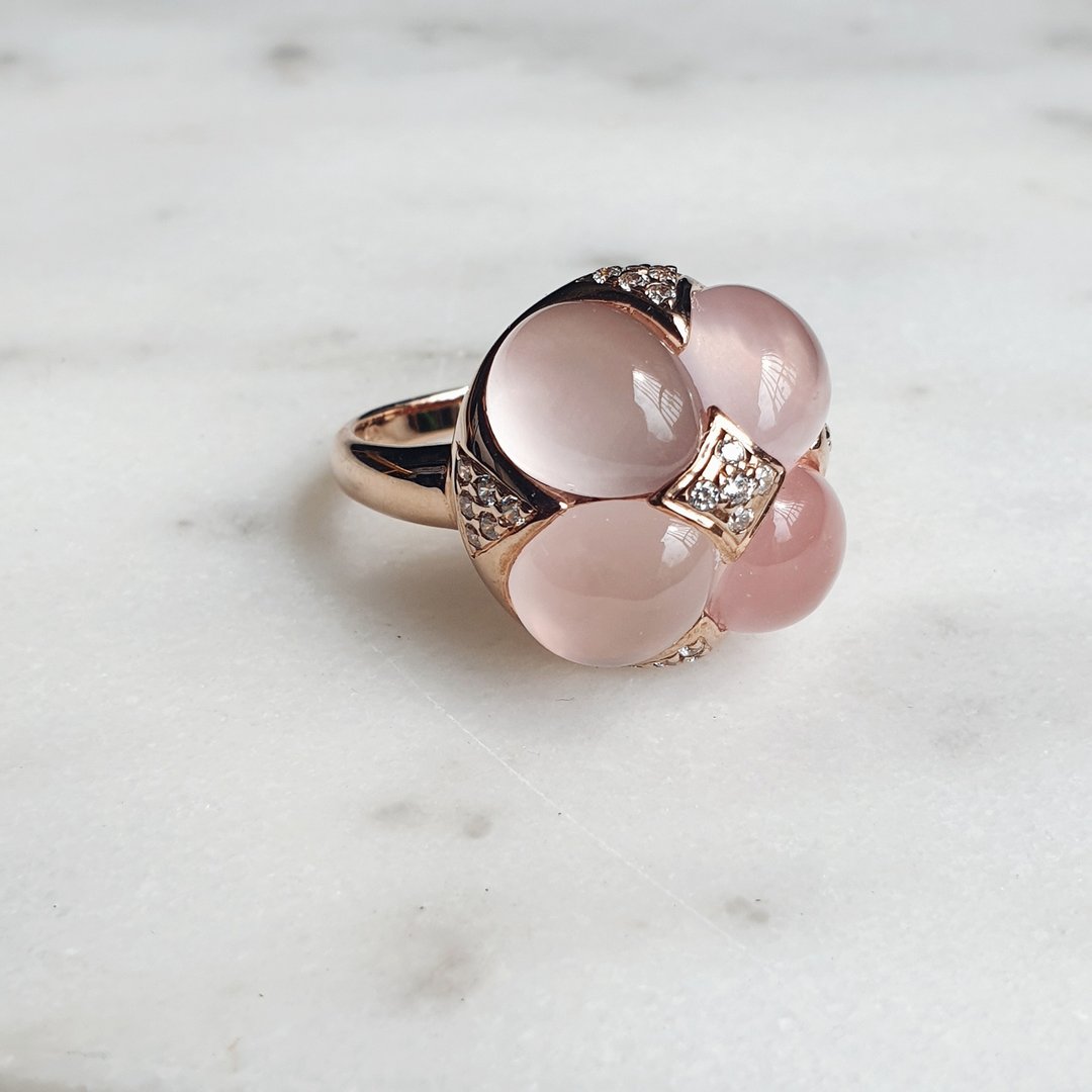 Lovely clear rose quartz ring decorated with CZ. Silver 925 Rose gold plated ring. - 戒指 - 半宝石 粉红色