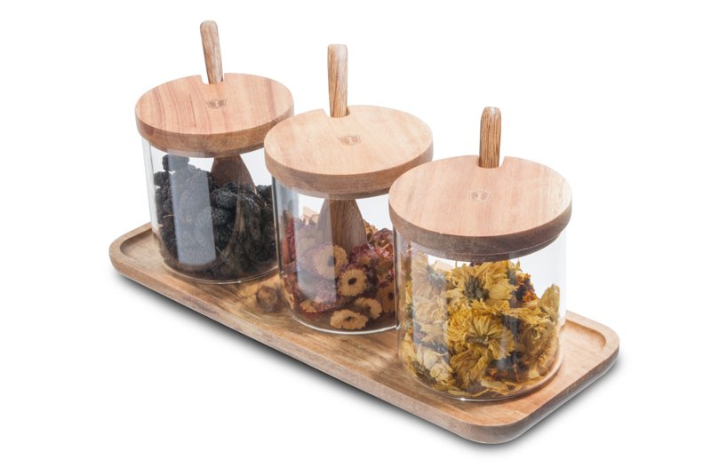 Islandoffer岛屿制作 相思木盖玻璃调味瓶套装 (一套三件) - 调味罐/酱料瓶 - 木头 金色