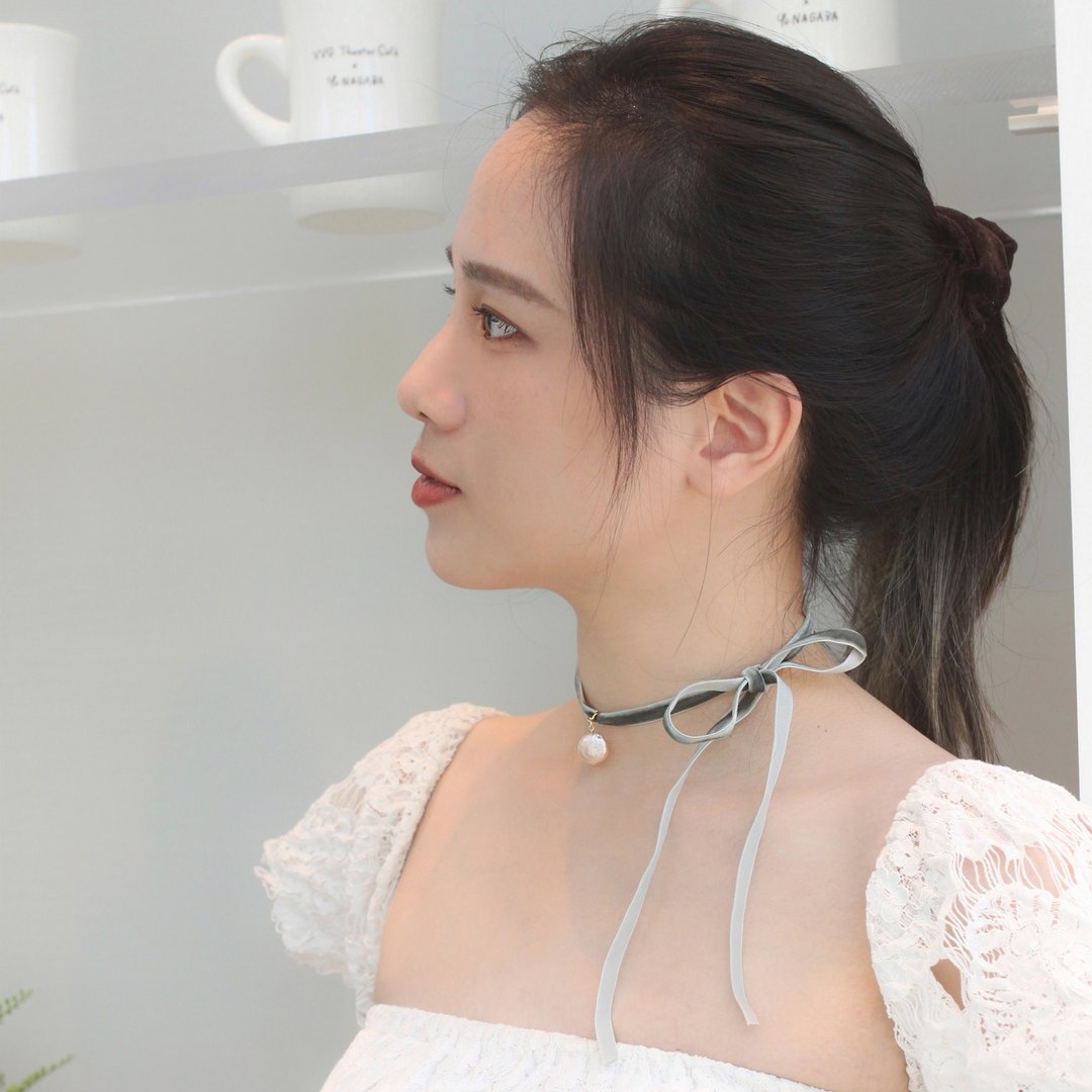 【礼物】翩翩起舞-唯美珍珠蝴蝶结丝绒缎带颈链项链 - 项链 - 宝石 粉红色