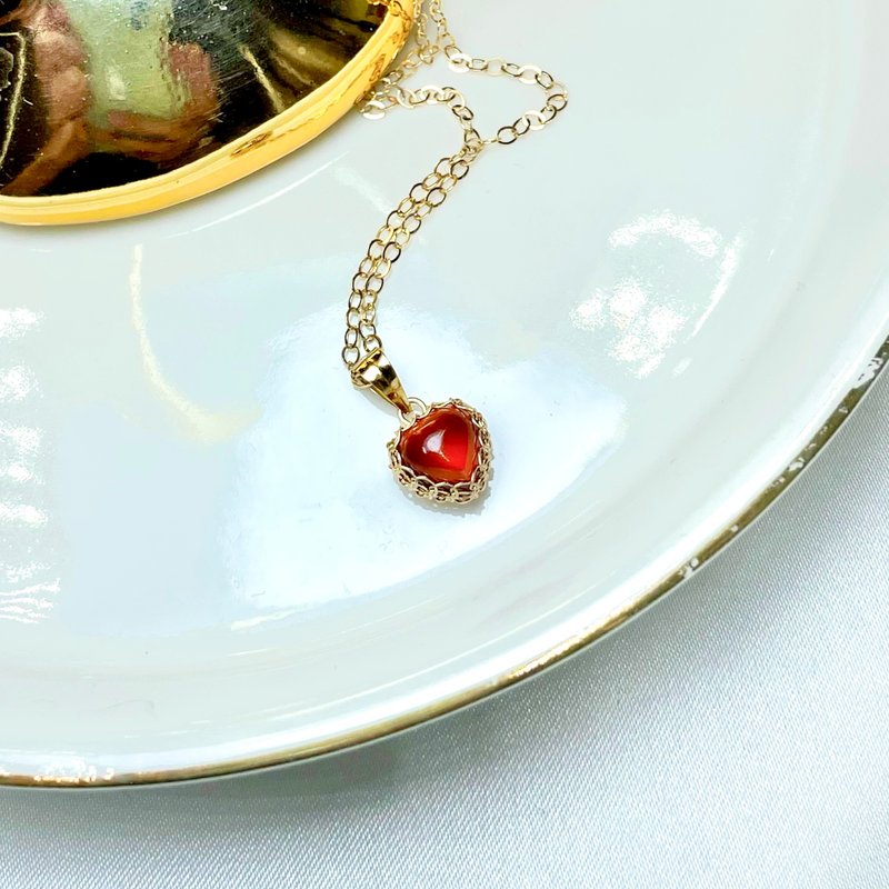 石榴石項鍊 心形天然石榴石愛心吊墜生辰石項鍊14KGF鎖骨鏈 - 项链 - 半宝石 