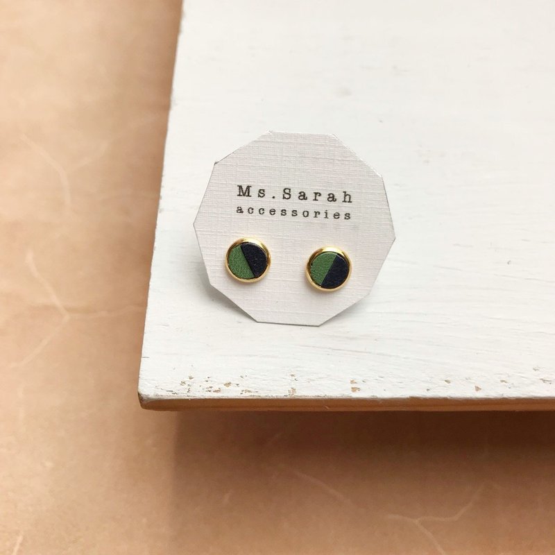 皮革耳环_圆框3号作品#6_苹果绿搭深蓝(可改夹) - 耳环/耳夹 - 真皮 红色