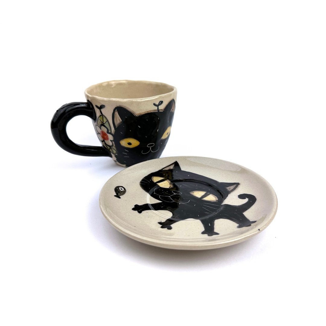 Nice Little Clay 咖啡杯盘组_黑猫 0135-22 - 咖啡杯/马克杯 - 陶 白色