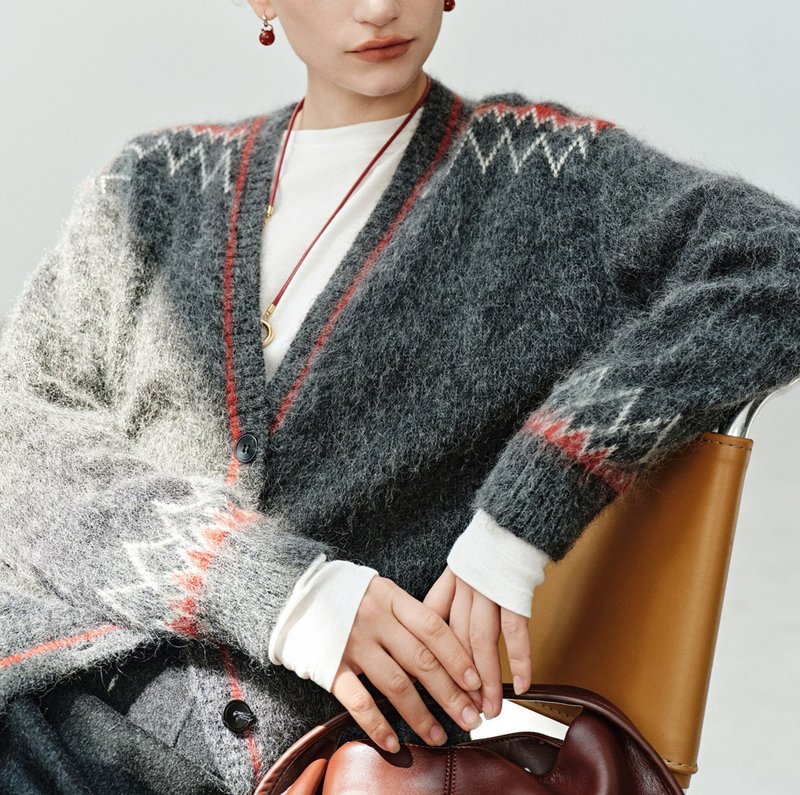 【羊毛混纺针织衫】 法式简约/马海毛提花长袖开衫 - 女装上衣 - 其他材质 灰色