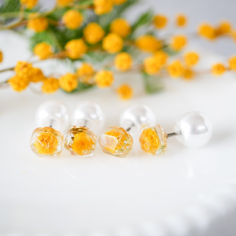 With mimosa/2way small earrings/P-144 - 耳环/耳夹 - 树脂 黄色