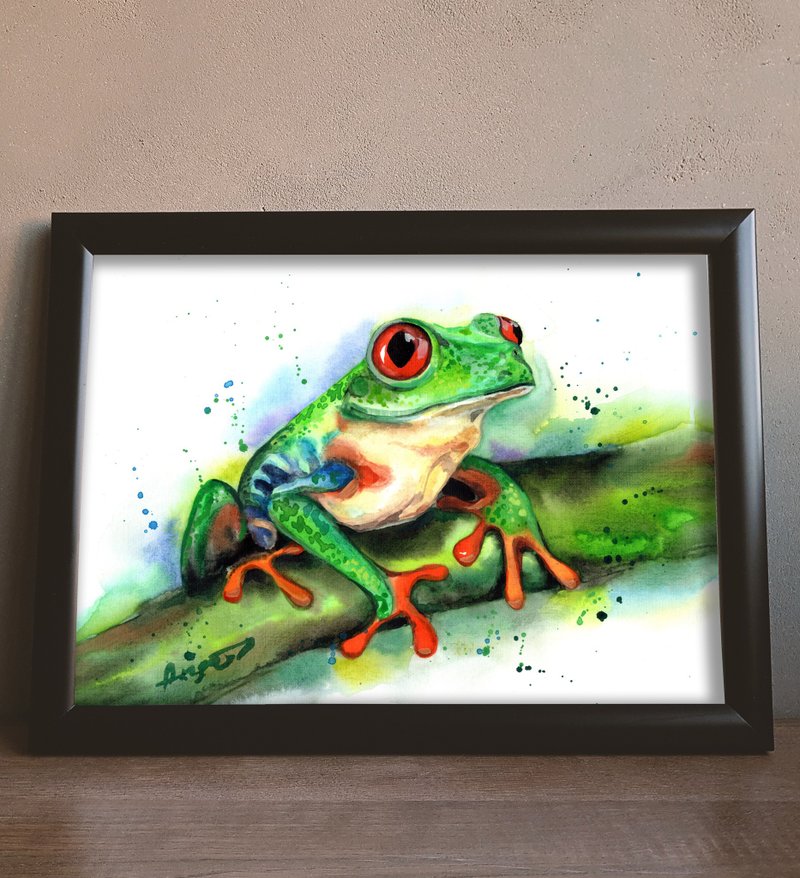 绿色青蛙 原创水彩青蛙绘画墙饰，8x11 英寸，作者：Anne Gorywine - 墙贴/壁贴 - 纸 蓝色