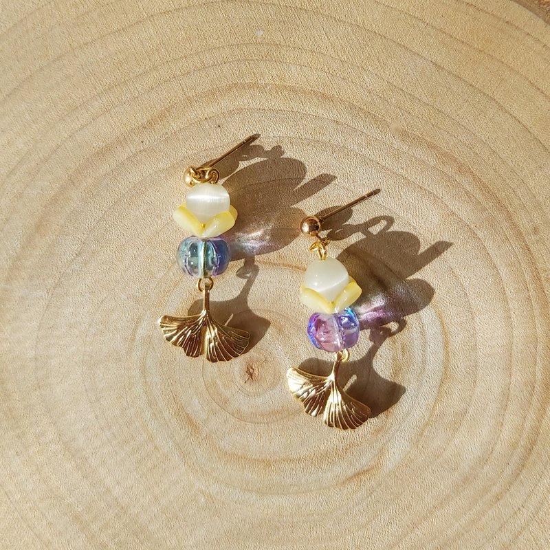 蛋白花花芯 黄铜银杏吊饰 紫蓝渐层 耳环耳针耳夹 镀金 生日礼物 - 耳环/耳夹 - 铜/黄铜 紫色