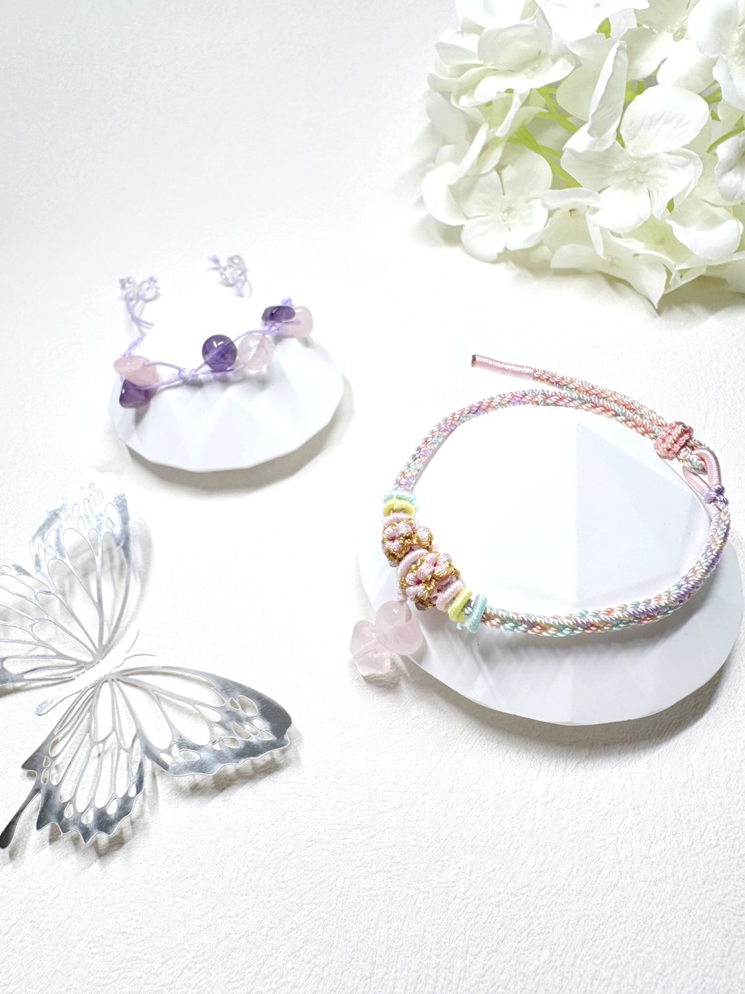 心形粉晶 Rose Quartz + 星形白水晶 Clear Quartz 绳结手 - 手链/手环 - 水晶 