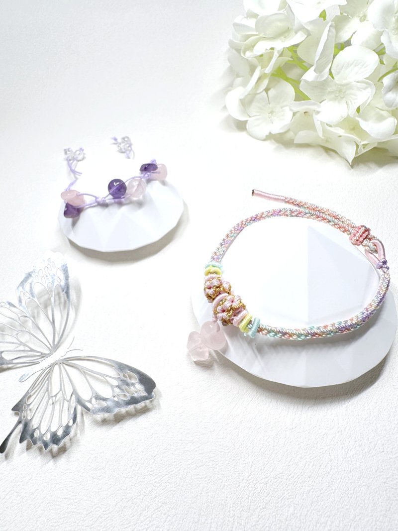 心形粉晶 Rose Quartz + 星形白水晶 Clear Quartz 绳结手 - 手链/手环 - 水晶 
