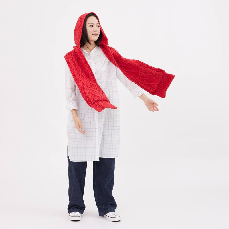 Milly麻花针织连帽口袋围巾/紅 - 围巾/披肩 - 其他人造纤维 红色