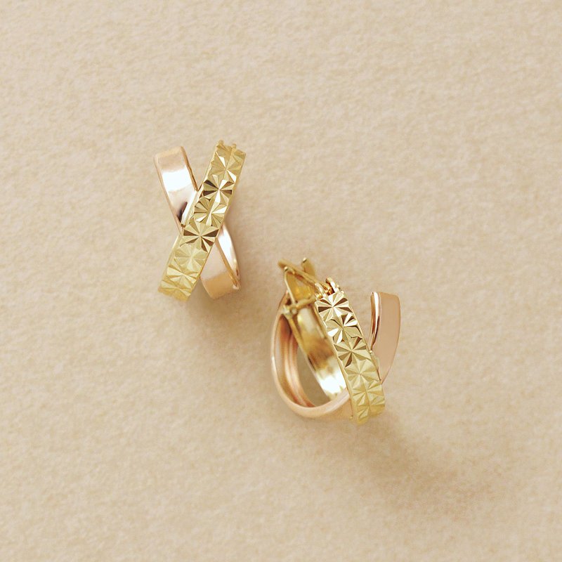 18K/10K 花朵切割十字圈耳环 (黄金/玫瑰金) - 耳环/耳夹 - 贵金属 
