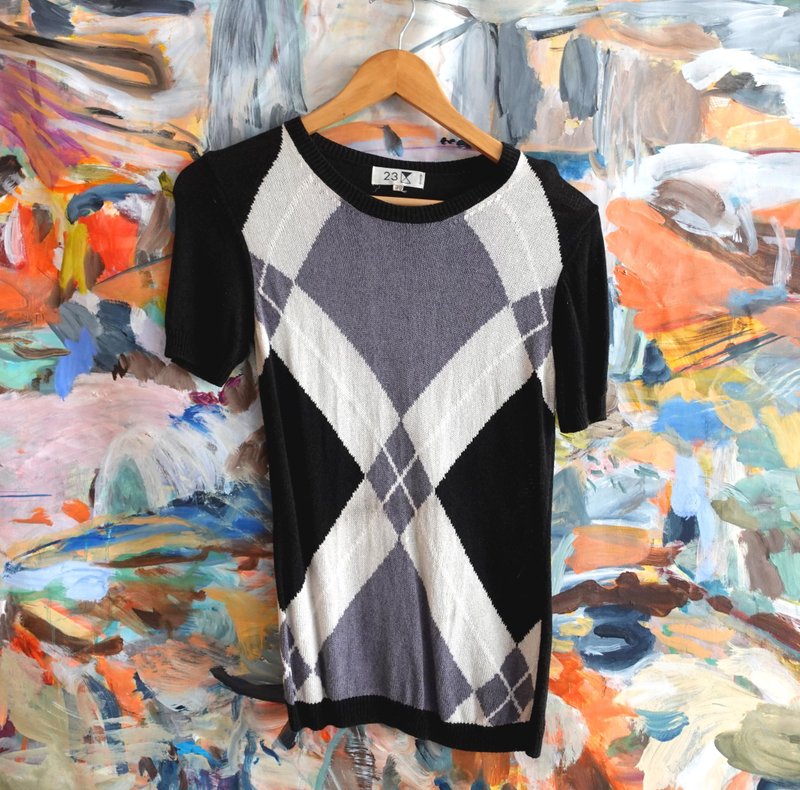 店内多款 23区黑白灰色格子复古短袖毛衣 日本古着上衣短袖日韩系 - 女装衬衫 - 其他人造纤维 多色