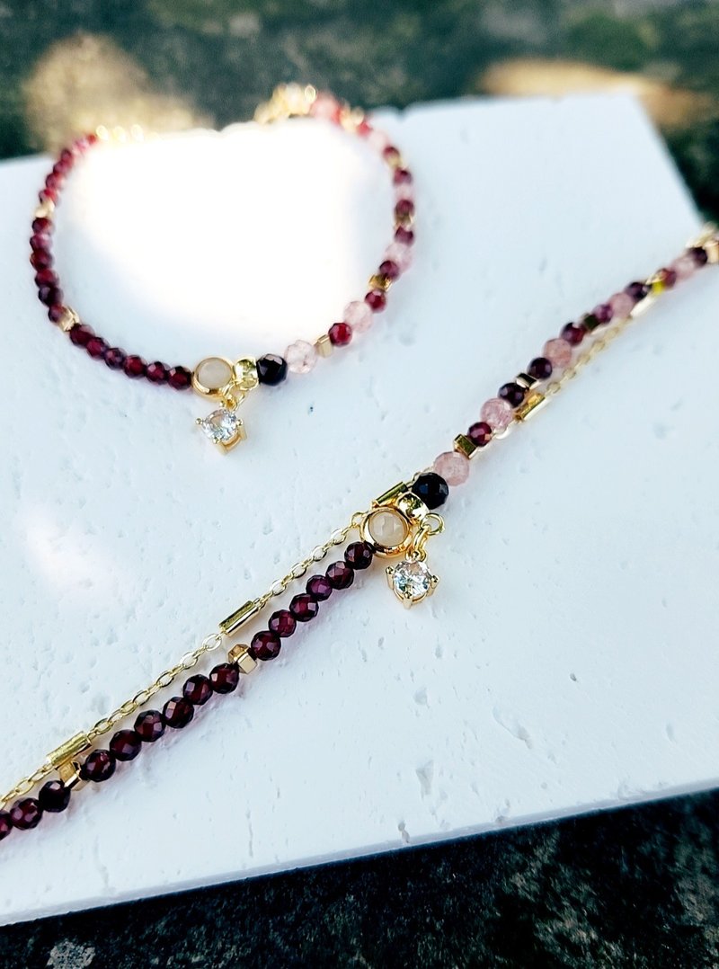 瑠岸明月【红】-石榴石 草莓晶 单双设计半宝石手链 - 手链/手环 - 半宝石 红色