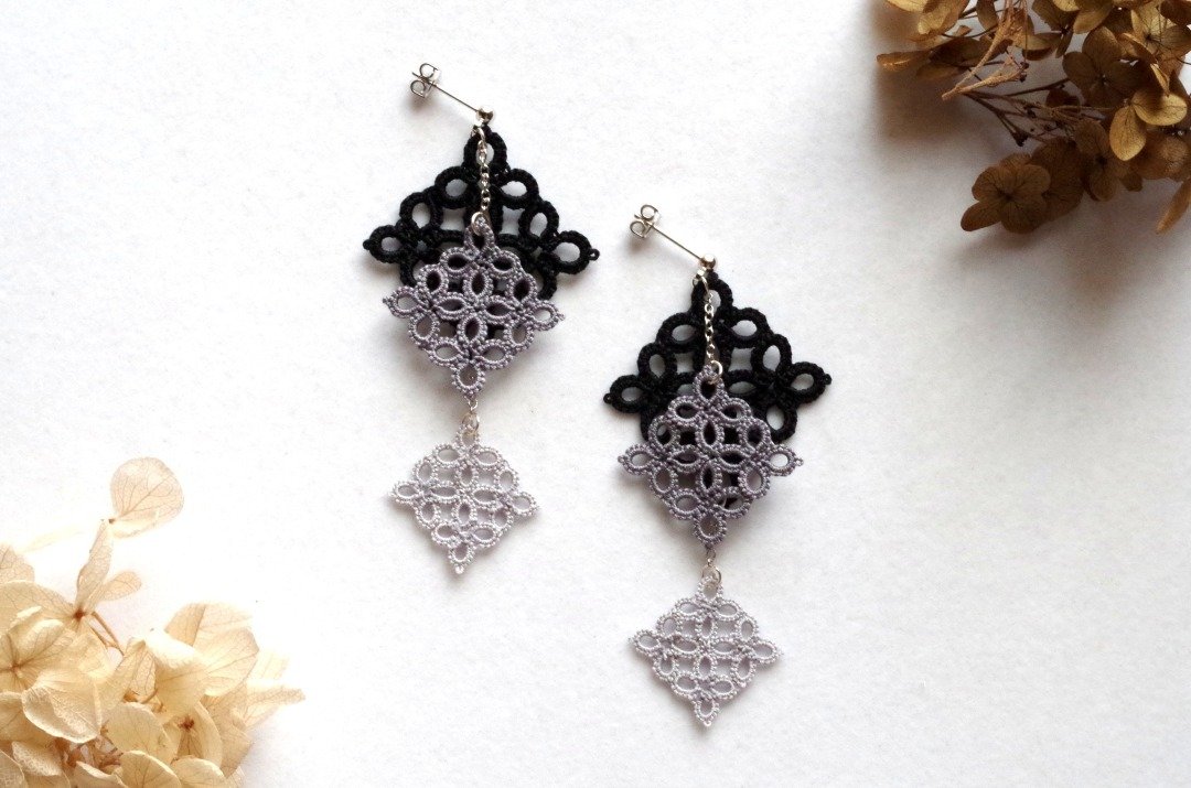 塔特蕾丝（Tatting Lace）三款方形耳环・灰色 - 耳环/耳夹 - 棉 灰色