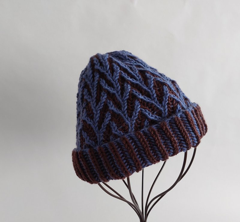 双面可用 蓝莓+咖啡 套头美丽诺毛线帽 - 帽子 - 羊毛 