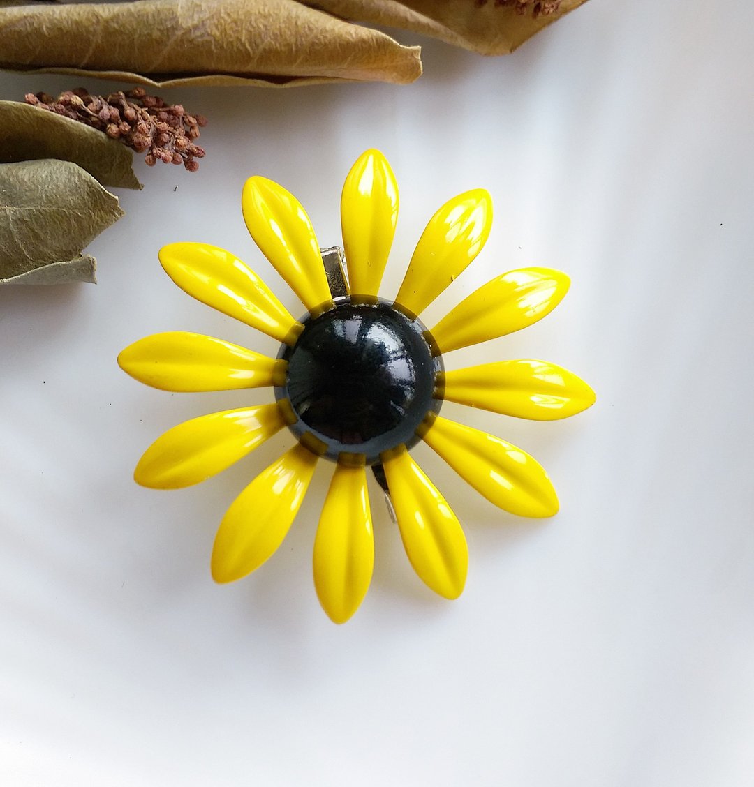 Vintage Jewelry  立体 可爱黄雏菊 珐琅花 花卉 别针  胸针 - 徽章/别针 - 其他材质 金色