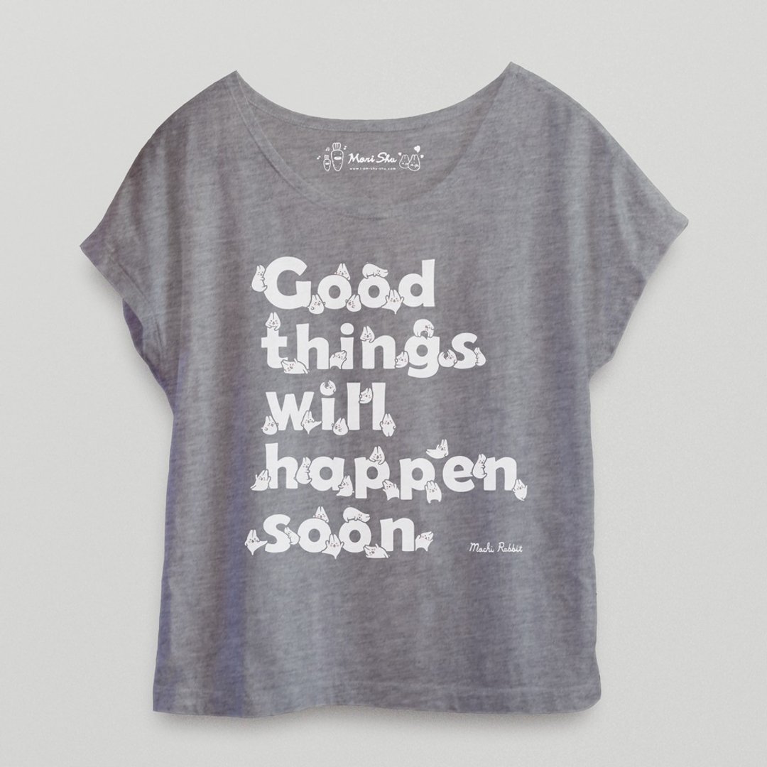 麻糬兔good things will happen soon T-shirt - 女装短裤 - 棉 灰色