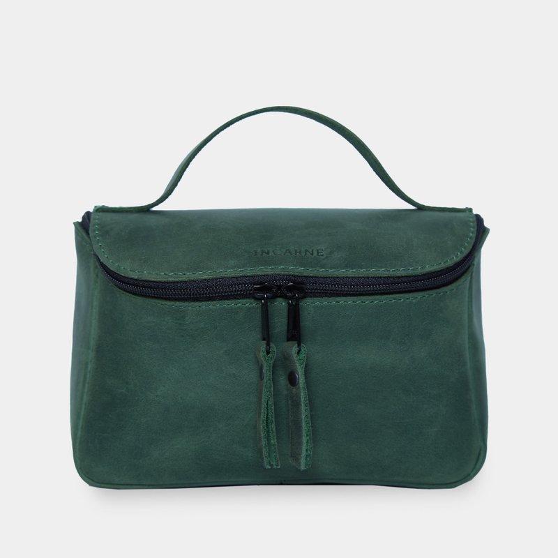 绿色复古皮革洗漱包 – 手工制作的化妆品收纳包 - 化妆包/杂物包 - 真皮 绿色