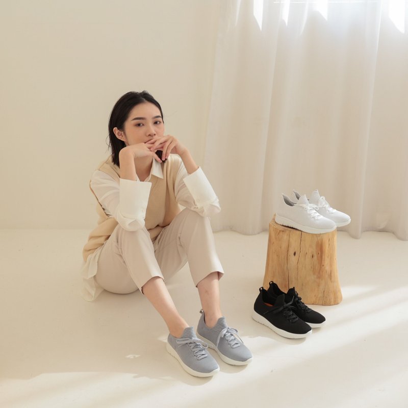 轻量针织透气休闲鞋 绑带针织鞋 男女休闲鞋 - 女款休闲鞋 - 其他材质 黑色