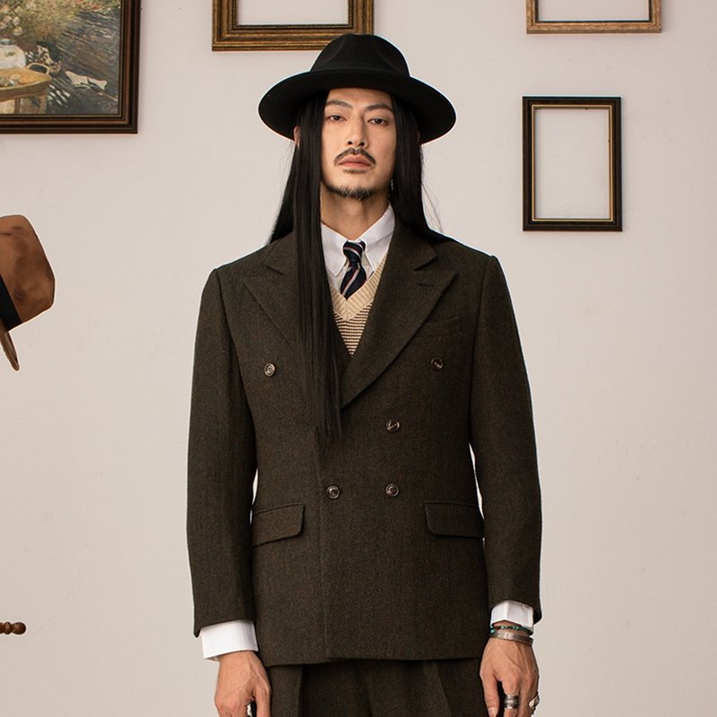 SOARIN英伦复古双排扣西装外套(243TXZ102) - 男装西装外套 - 棉．麻 绿色