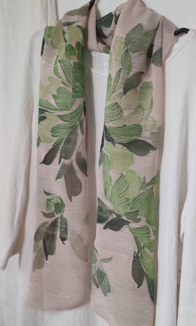 手绘雪纺轻清小围巾~豆绿牡丹*多多粉 - 丝巾 - 其他人造纤维 