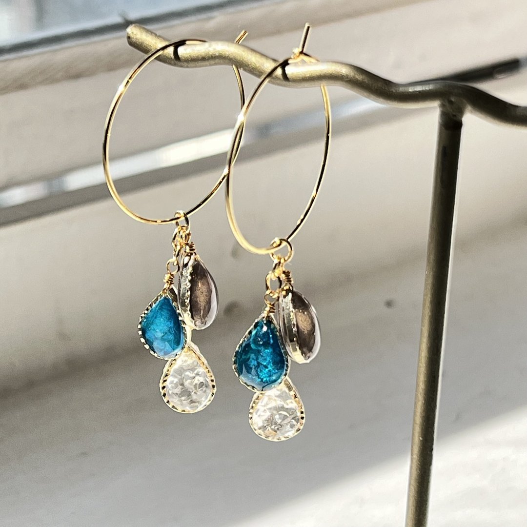 Tears Teardrop Loop Hanging Earrings ~ Deep Blue Purple ~ Allergy-friendly Surgical Stainless Steel 0014 - 耳环/耳夹 - 玻璃 蓝色