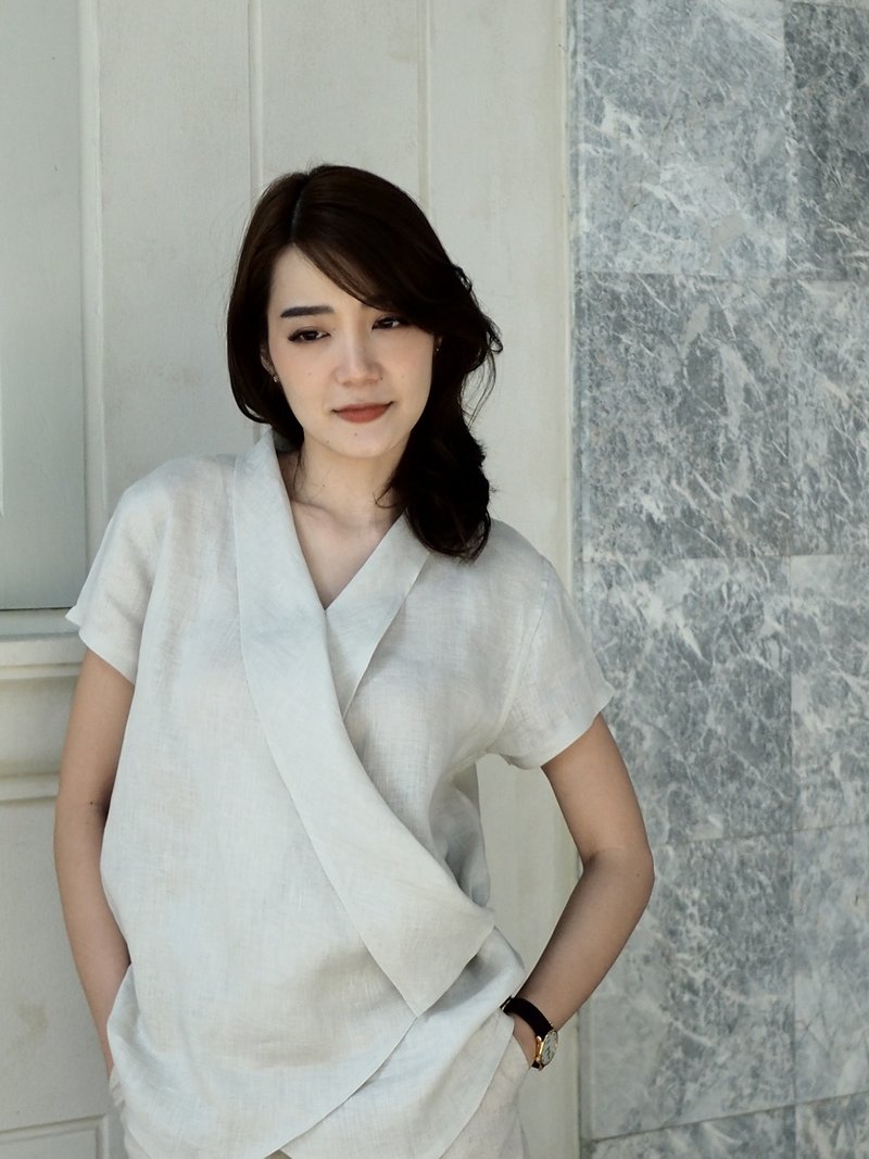 米色短袖亚麻衬衫，香蕉领：Rosie 米色衬衫 - 女装上衣 - 棉．麻 卡其色