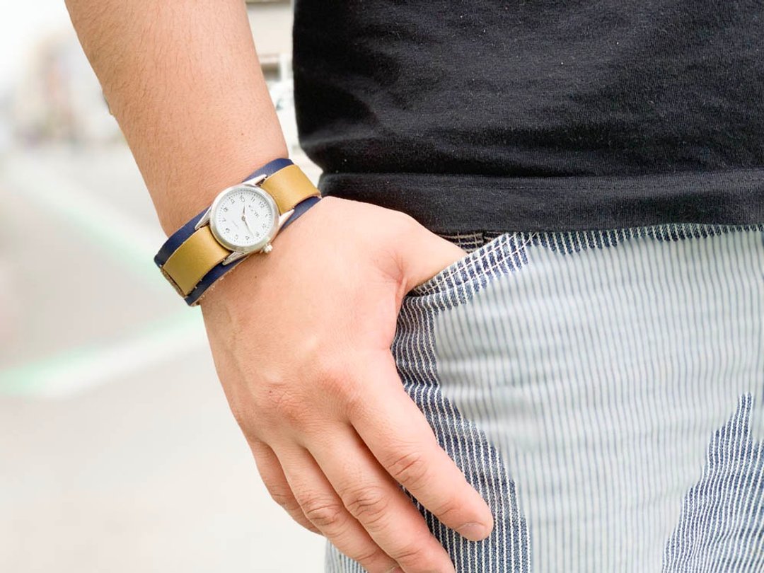 WPILES Men's-like navy and Khaki bicolor W piles watch Tararin cord WPW-NON-O - 女表 - 真皮 蓝色