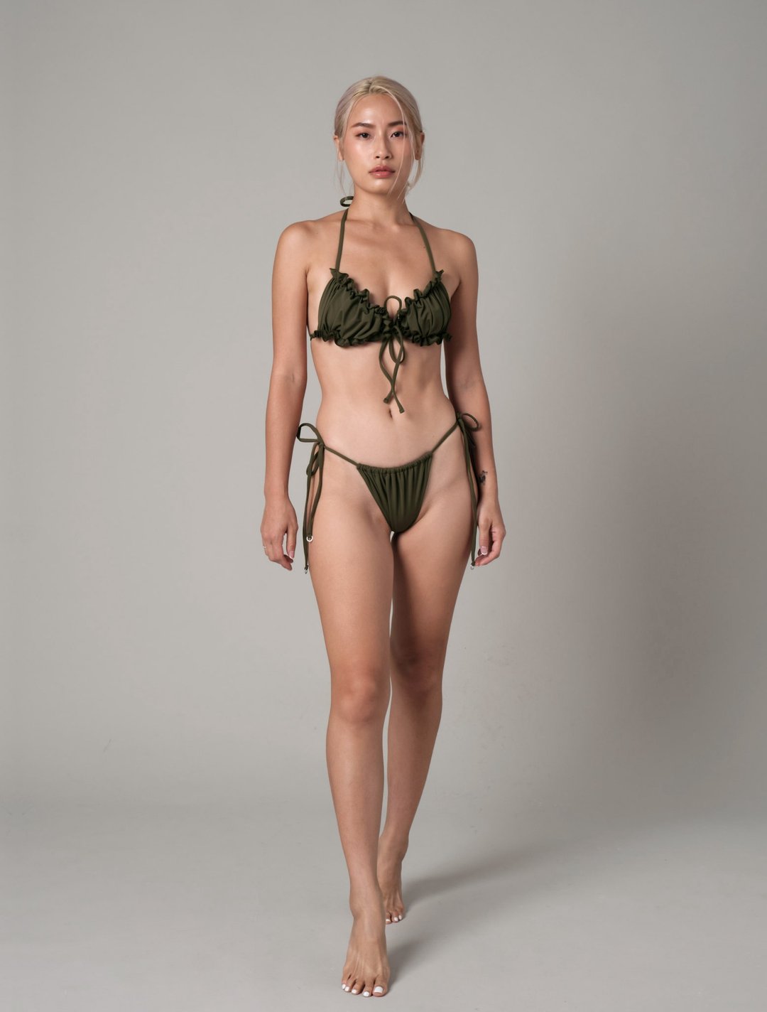 Olive 橄榄绿 / 波妞补晒款 前绑带抓皱比基尼 / Top - 女装泳衣/比基尼 - 其他材质 绿色
