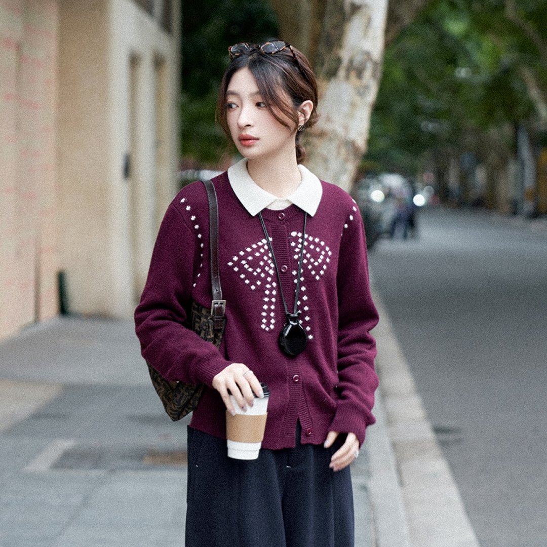 蝴蝶结提花开衫|针织衫|两色|秋冬款|Sora-1671 - 女装针织衫/毛衣 - 羊毛 多色