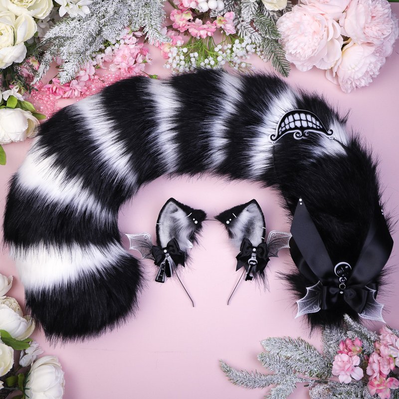 Black and White Cheshire Cat Ears and Tail Set Faux Fur Ears and Tail Set - 发饰 - 其他人造纤维 黑色