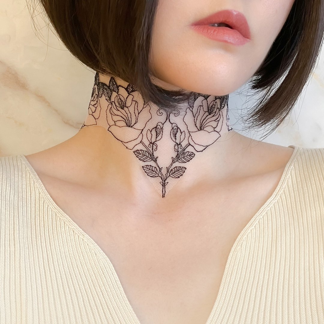 Pair of Roses / 两朵玫瑰刺青蕾丝颈圈 SV562 - 颈链 - 其他金属 多色