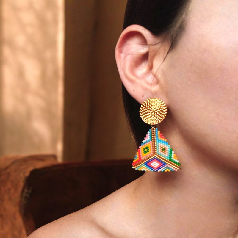 手工珠饰三角形耳环 | 日本制 - 耳环/耳夹 - 玻璃 多色