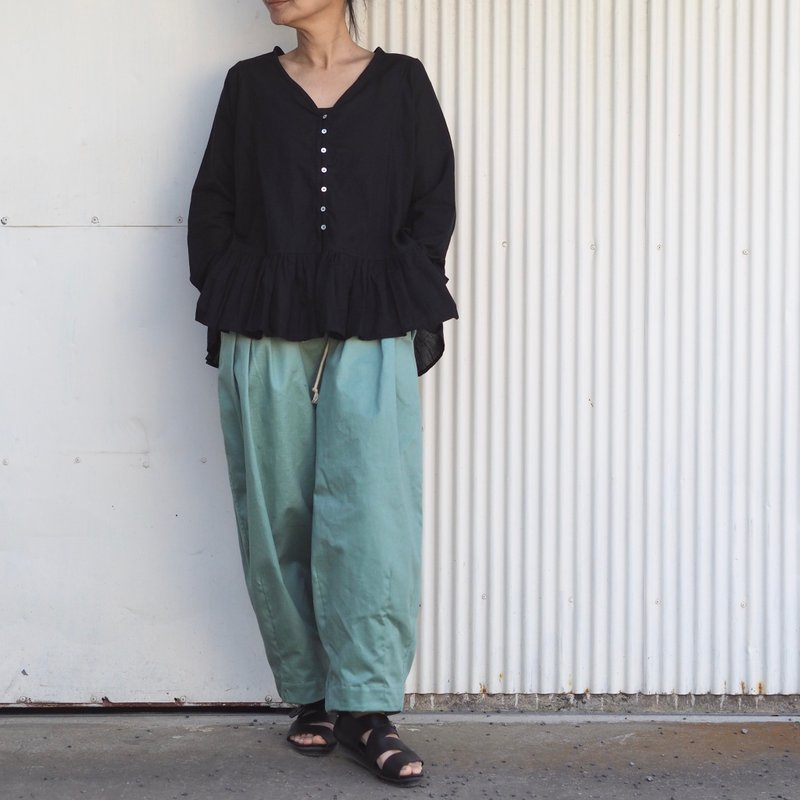 芥末黄 腰间蝴蝶结绑带 茧形 气球裤 - 女装长裤 - 棉．麻 蓝色