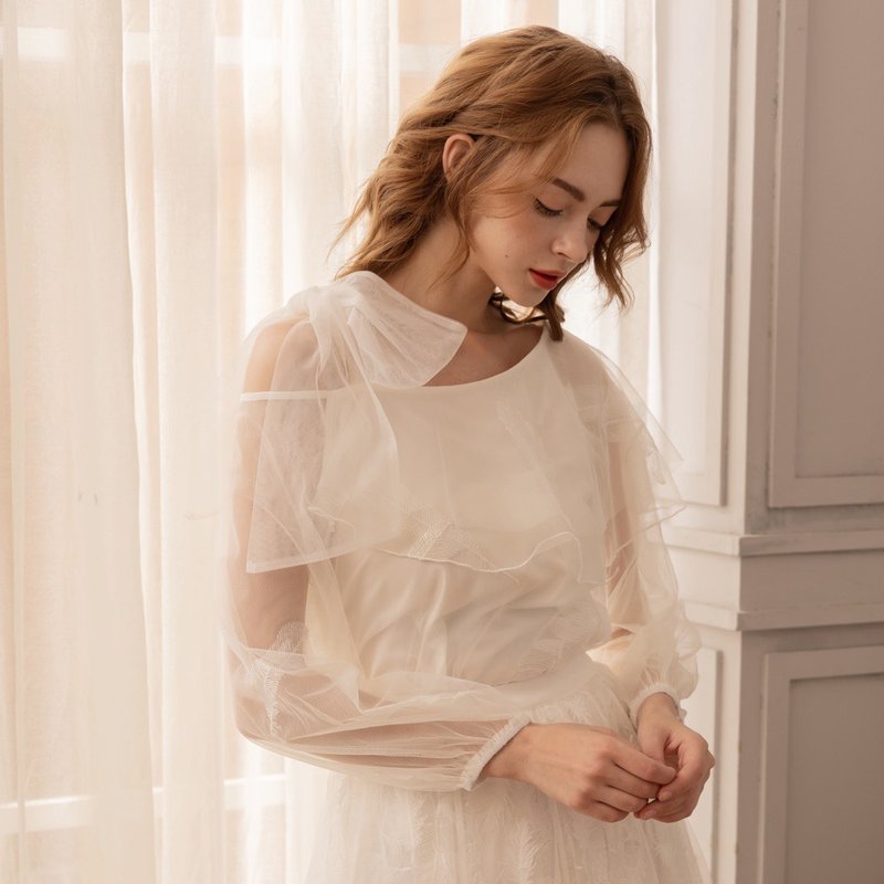 轻舞飞扬羽毛网纱上衣   白 - 女装上衣 - 聚酯纤维 白色