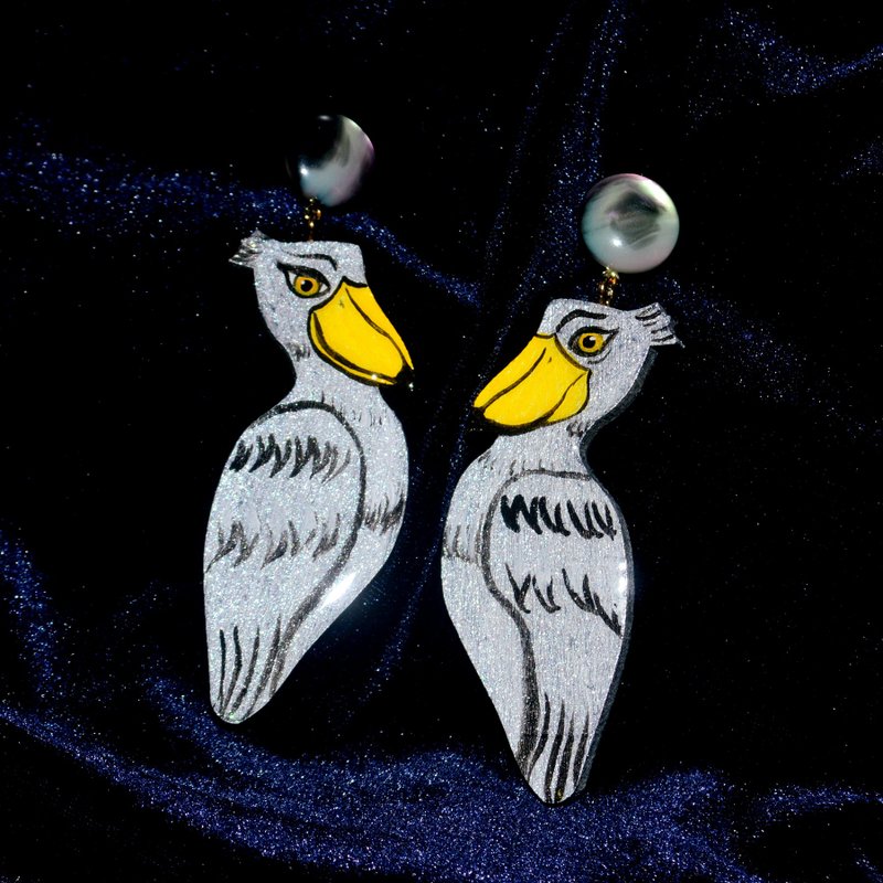 可爱呆萌的大鸟 鲸头鹳 耳环耳饰 夸张个性 - 耳环/耳夹 - 木头 灰色