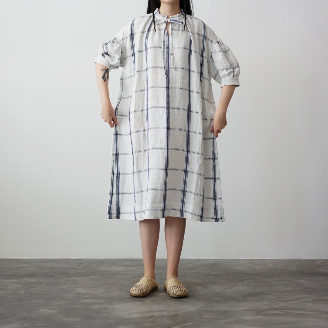 Windowpane Check Dress - 洋装/连衣裙 - 棉．麻 蓝色