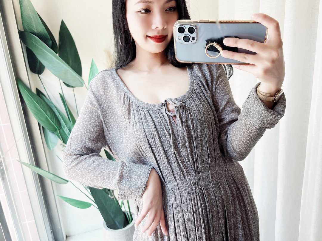 浅灰棉料微透碎点胸口绑带 古着洋装连衣裙连身裙 vintage dress - 洋装/连衣裙 - 棉．麻 灰色