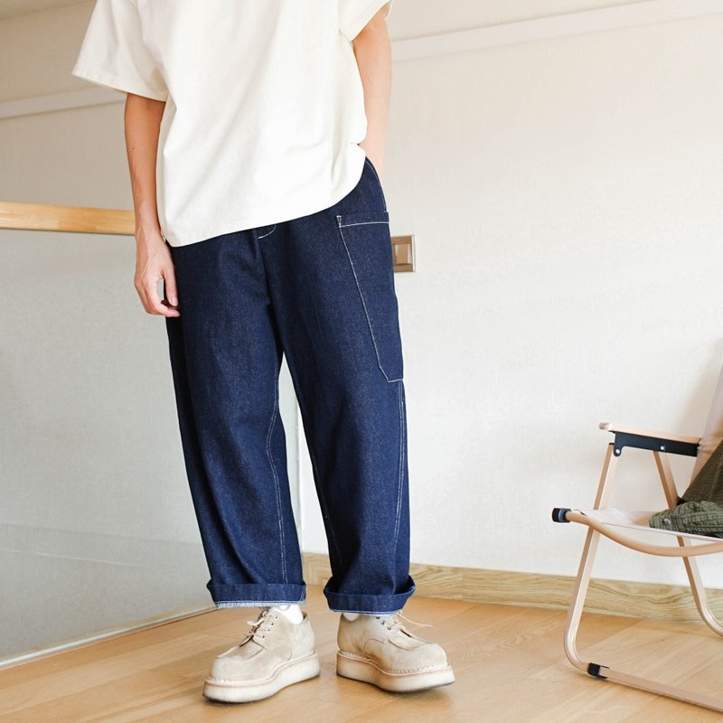 Easy Denim Pants 松紧腰上宽下窄牛仔抽绳宽腿裤 - 男士长裤 - 棉．麻 蓝色