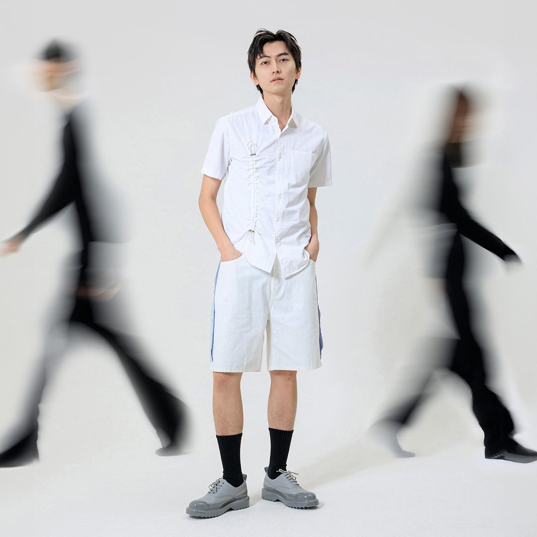 单边抽绳短袖衬衫 - 男装衬衫 - 棉 白色