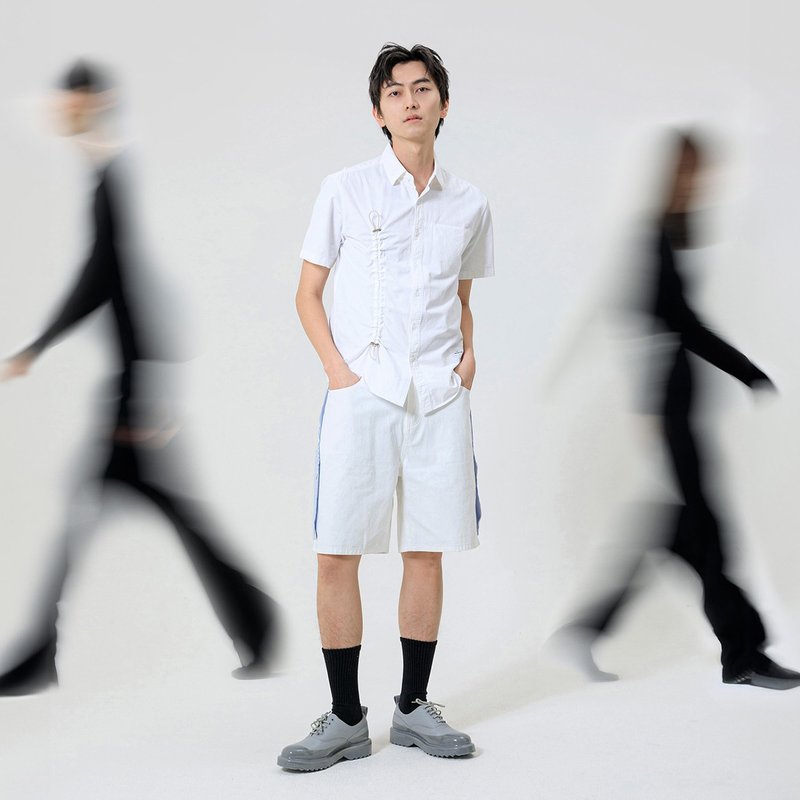 单边抽绳短袖衬衫 - 男装衬衫 - 棉．麻 白色