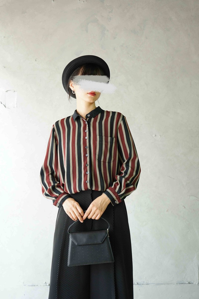 寻宝古着-复古直纹红黑相间个性衬衫 - 女装衬衫 - 聚酯纤维 黑色