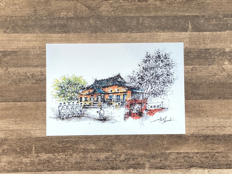 枯枝笔速写 台南景点 新化武德殿 水彩 插画 手绘明信片 - 卡片/明信片 - 纸 