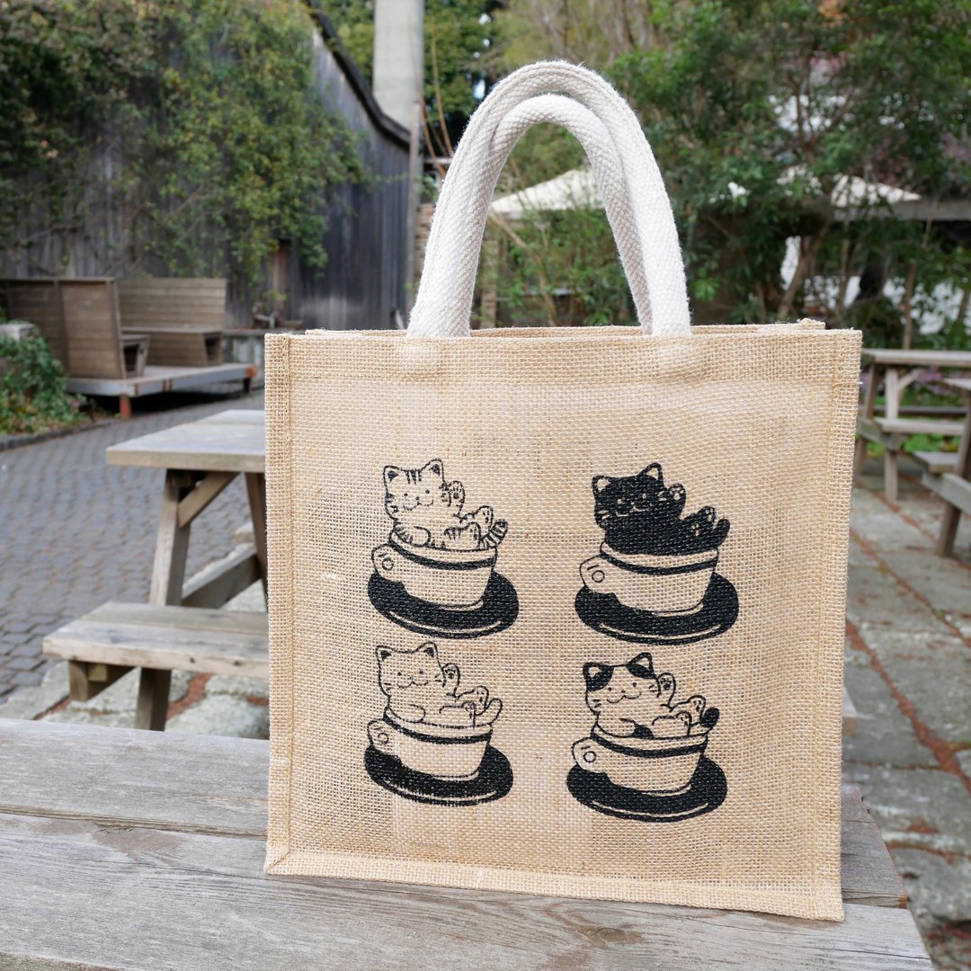 Jute bag / 麻质手挽袋/ ジュートバッグ- 奶茶猫 - 手提包/手提袋 - 棉 
